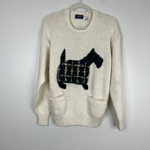 Vintage Kenneth Gordon Cotton Wool Blend Scottish Terrier Knit Sweater Sz L - Picture 1 of 10